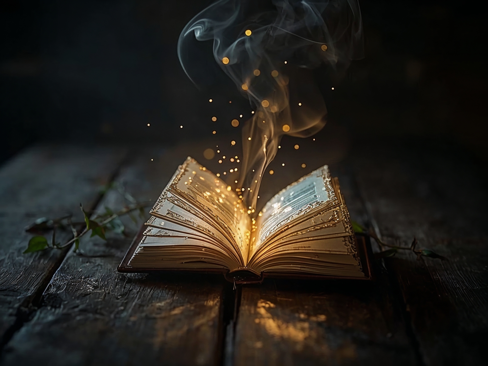 An open glowing book on a wooden table, surrounded by vines