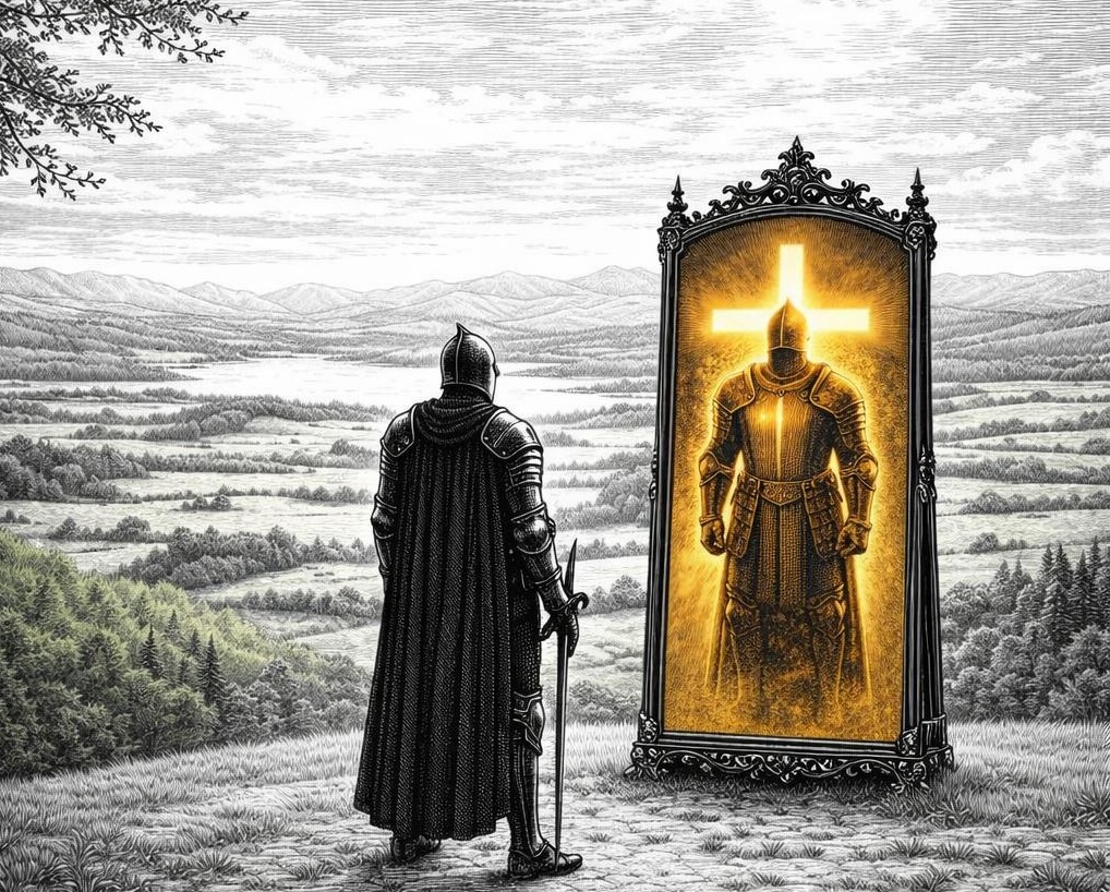 A knight gazes into an ornate mirror, seeing his true self bathed in golden light